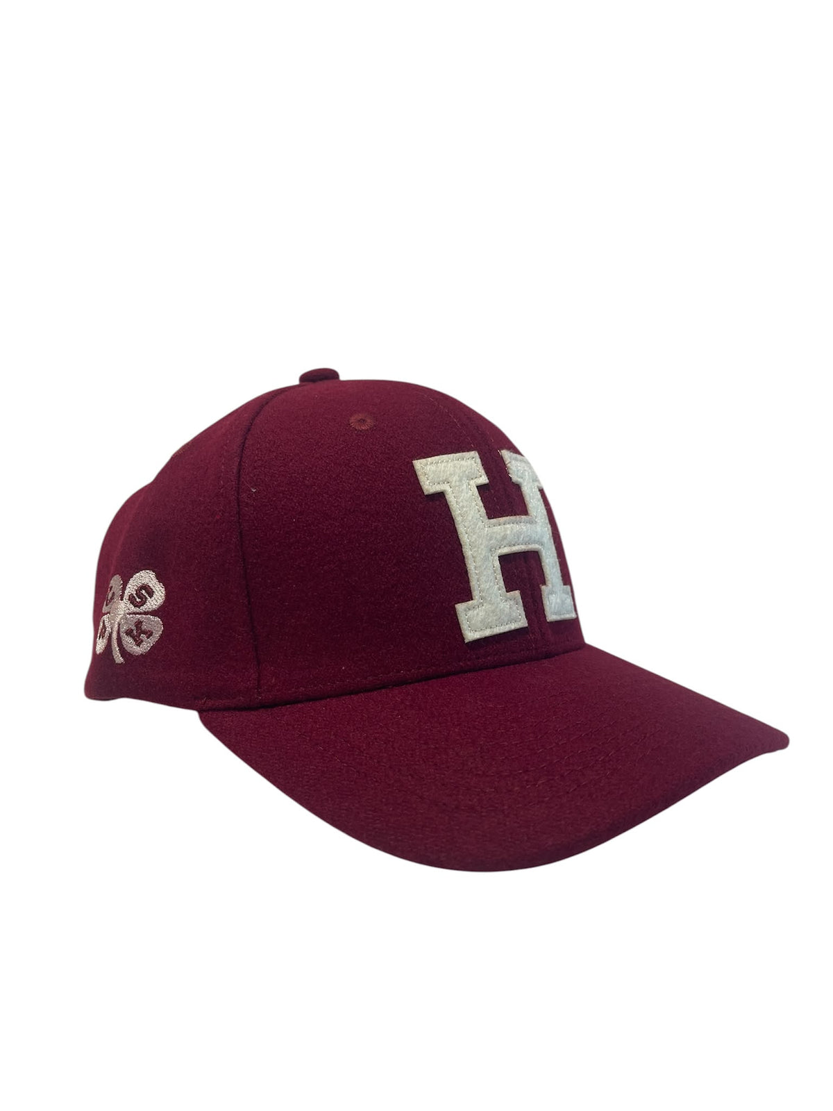 College Cap Burgundy con patch H écru e ricamo laterale, vista di tre quarti