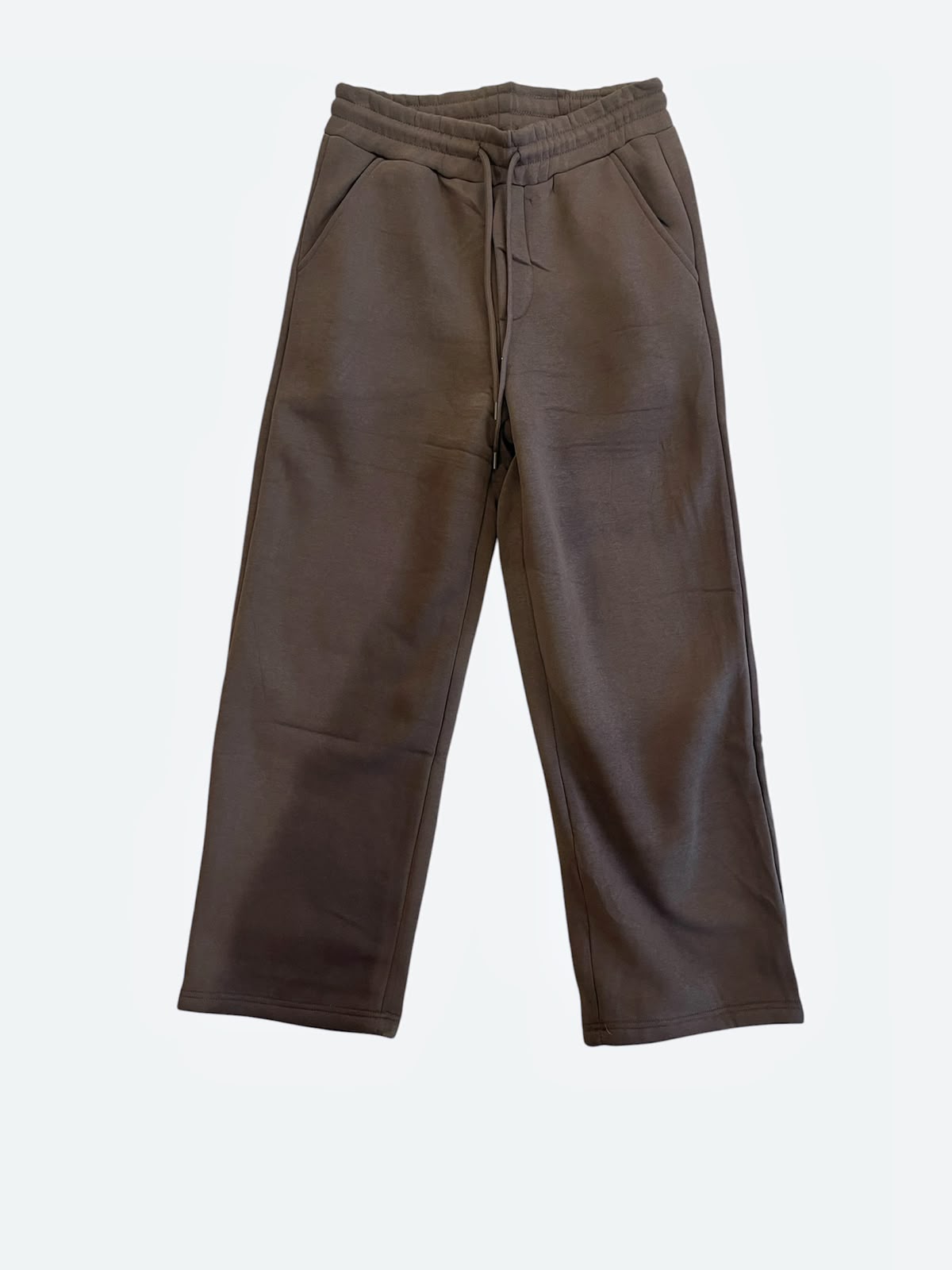 Pantalone Issai AGM in cotone felpato marrone, vista intera frontale con coulisse e tasche laterali